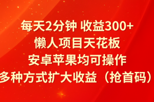 每天2分钟收益300+，懒人项目天花板，安卓苹果均可操作，多种方式扩大收益（抢首码）
