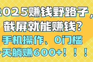 （14771期）2025赚钱野路子，截屏就能赚钱？手机操作0门槛，一天躺赚600+！！！