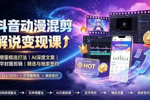 （19311期）抖音动漫混剪解说变现课：双增量精选打法｜AI深度文案｜花字封面剪辑｜ 精选与独家签约日入1000+