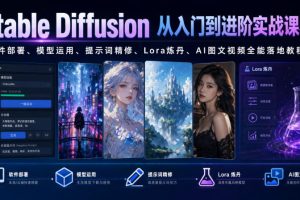 Stable Diffusion从入门到进阶实战课程｜软件部署、模型运用、提示词精修、Lora炼丹、AI图文视频全能落地教程