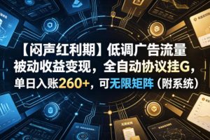 【闷声红利期】低调广告流量被动收益变现，全自动协议挂G，单日入账260+，可无限矩阵（附系统）【揭秘】