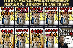 抖音百万粉丝博主的小猫生活科普视频教学，流量大起号快，创作者伙伴计划|分成计划|商单|收徒等