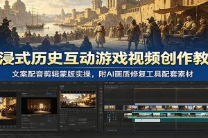 沉浸式历史互动游戏视频创作教学：文案配音剪辑蒙版实操，附AI画质修复工具配套素材
