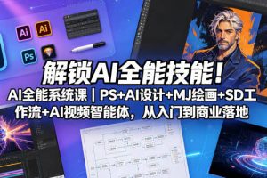 解锁AI全能技能！AI全能系统课｜PS+AI设计+MJ绘画+SD工作流+AI视频智能体，从入门到商业落地