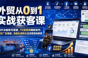 外贸从0到1实战获客课｜海外设备账号搭建、TK短视频爆款制作、FB广告投放、询盘私域转化全流程落地教程